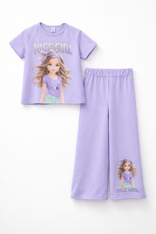 Lila Kız Karakter Baskılı Geniş Paça Pantolonlu 2li Kız Çocuk Takım 23802