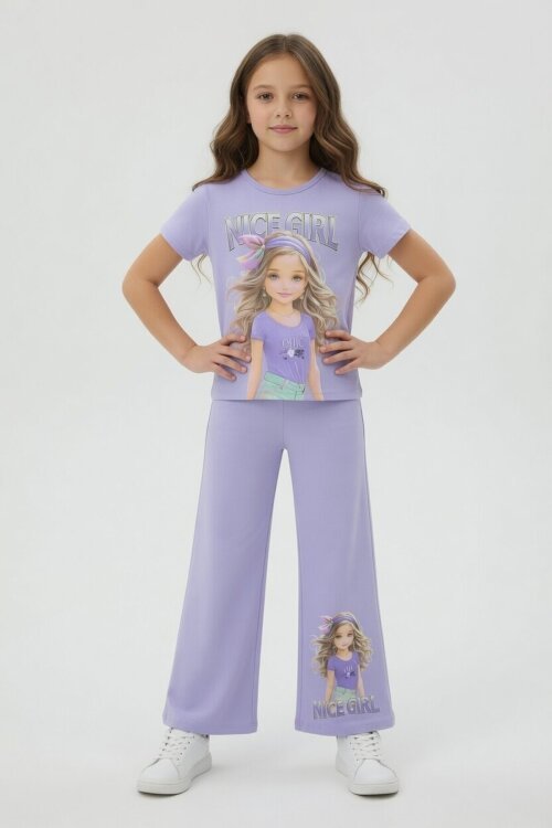 Lila Kız Karakter Baskılı Geniş Paça Pantolonlu 2li Kız Çocuk Takım 23802