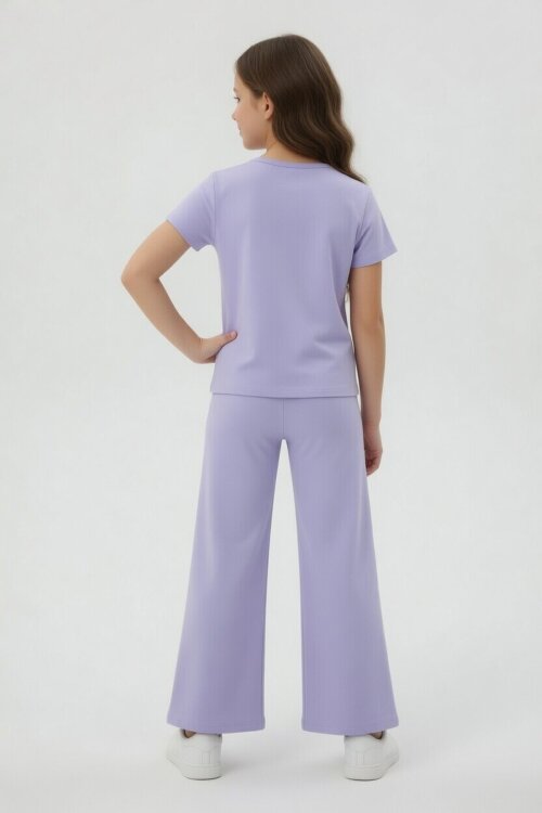 Lila Kız Karakter Baskılı Geniş Paça Pantolonlu 2li Kız Çocuk Takım 23802
