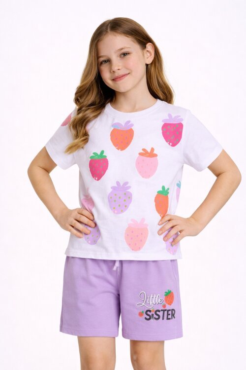 Lila Meyve Desenli Tişörtlü Kız Çocuk Şortlu Yazlık Takım 23828