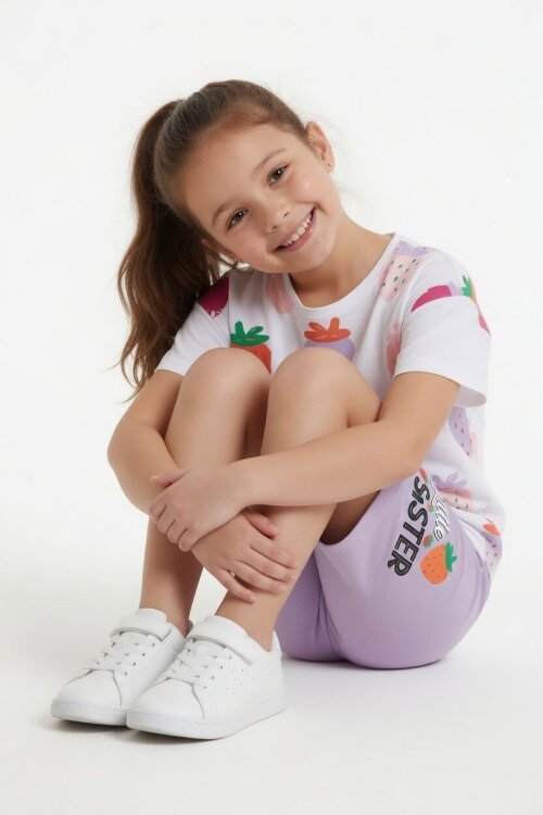 Lila Meyve Desenli Tişörtlü Kız Çocuk Şortlu Yazlık Takım 23828