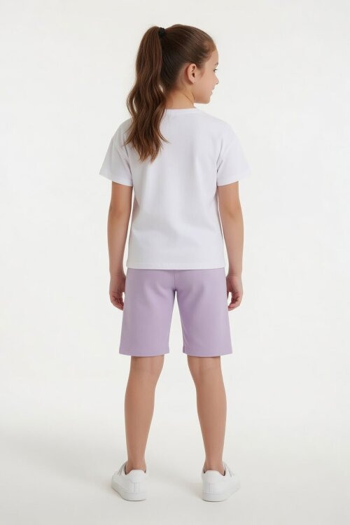 Lila Meyve Desenli Tişörtlü Kız Çocuk Şortlu Yazlık Takım 23828