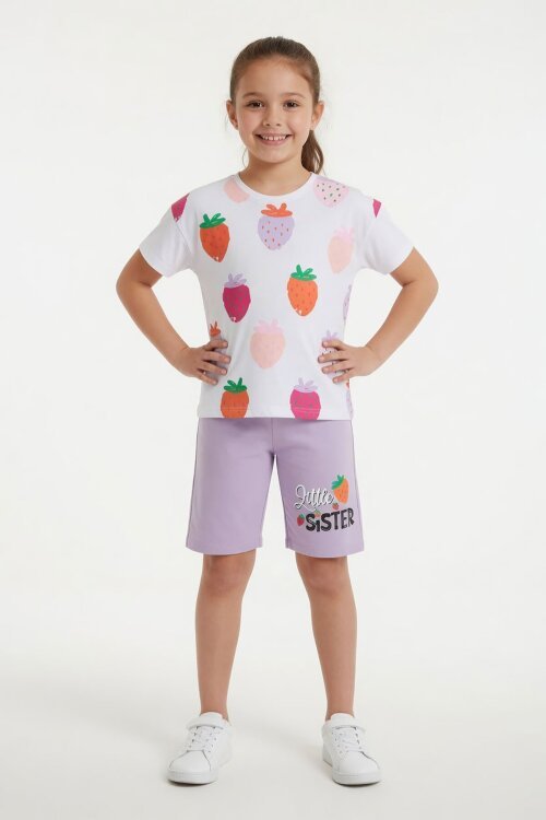 Lila Meyve Desenli Tişörtlü Kız Çocuk Şortlu Yazlık Takım 23828