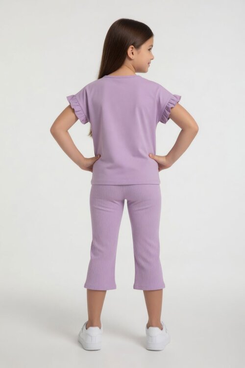 Lila Minnie Desenli Tişörtlü Fitilli Pantolonlu Kız Çocuk Alt Üst Takım 23834