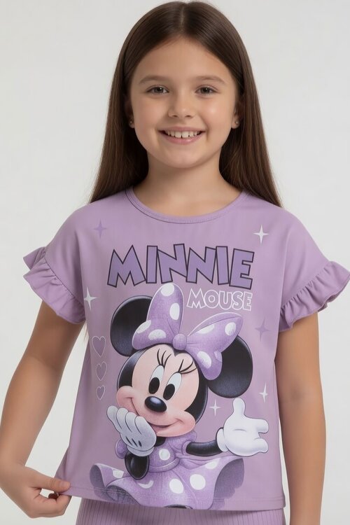 Lila Minnie Desenli Tişörtlü Fitilli Pantolonlu Kız Çocuk Alt Üst Takım 23834