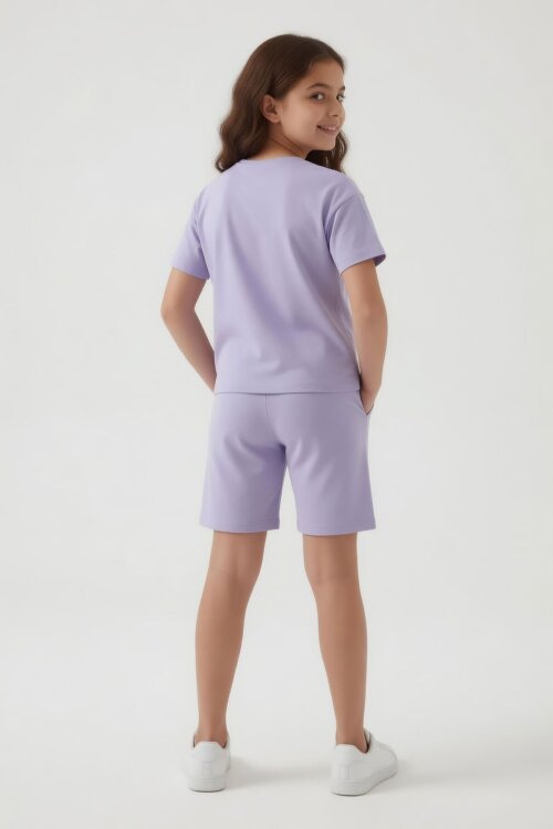 Lila Prenses Temalı Tişörtlü Kız Çocuk Yazlık Şortlu Takım 23865