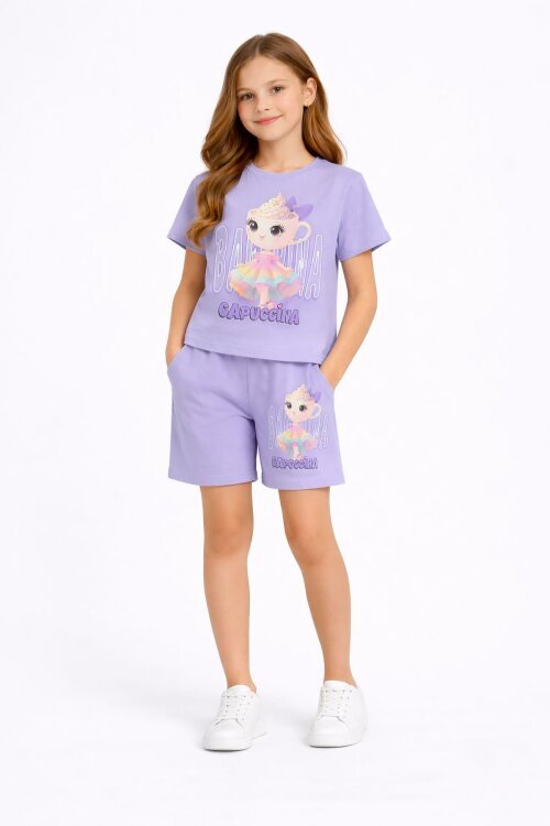 Lila Sevimli Capuccina Baskılı Kız Çocuk Şortlu 2li Takım 23890