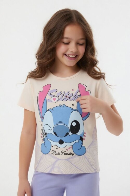 Lila Sevimli Çizgi Karakter Baskılı Tişörtlü Kız Çocuk Geniş Paça  Takım 23858