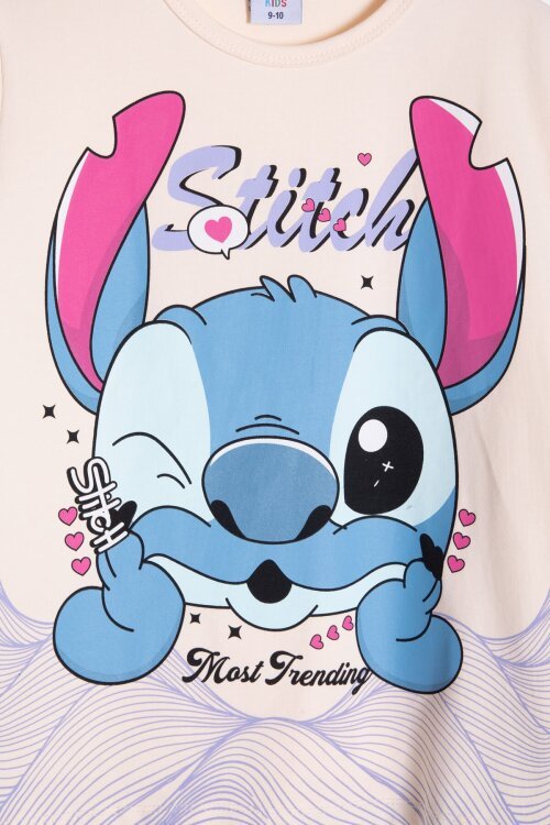 Lila Sevimli Çizgi Karakter Baskılı Tişörtlü Kız Çocuk Geniş Paça  Takım 23858