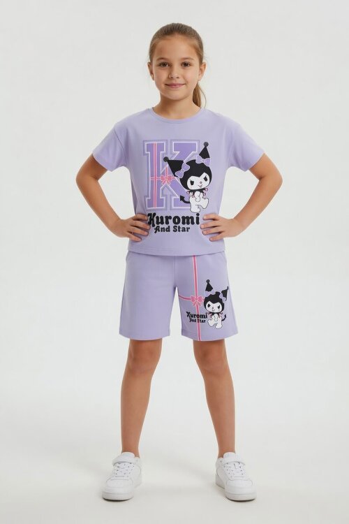 Lila Sevimli Tavşan Baskı Bisiklet Yaka Kız Çocuk Şortlu Takım 23946