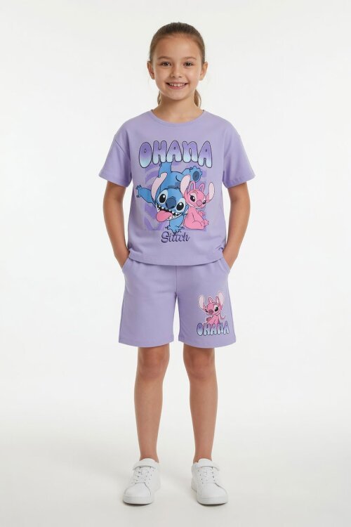 Lila Simli Karakter Baskılı Tişörtlü Kız Çocuk Şortlu 2li Takım 23918