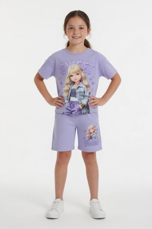 Lila Sweet Yazılı Karakter Baskılı Kız Çocuk Şortlu 2li Takım 23994