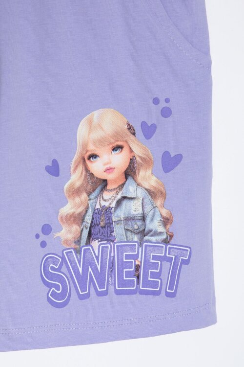 Lila Sweet Yazılı Karakter Baskılı Kız Çocuk Şortlu 2li Takım 23994