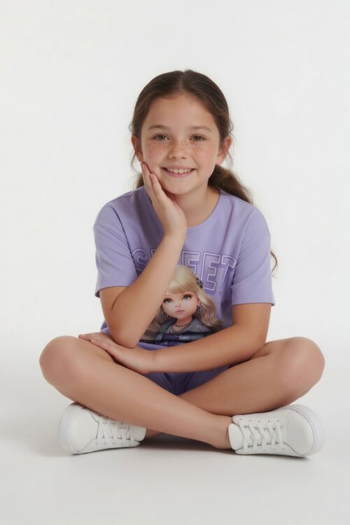 Lila Sweet Yazılı Karakter Baskılı Kız Çocuk Şortlu 2li Takım 23994