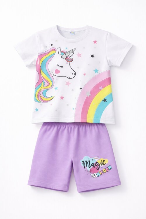 Lila Unicorn Baskılı Simli Kız Çocuk Tişörtlü Şortlu Takım 23795