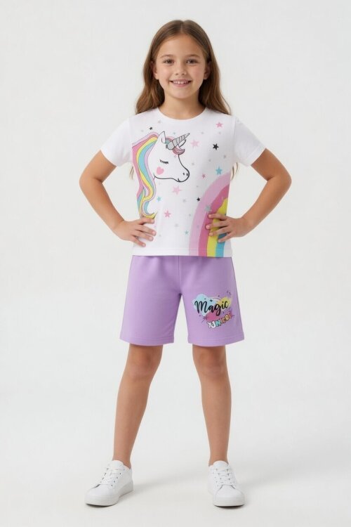 Lila Unicorn Baskılı Simli Kız Çocuk Tişörtlü Şortlu Takım 23795