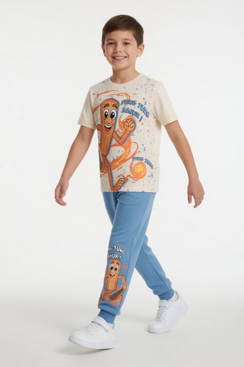 Mavi Baskılı Bisiklet Yaka Tişörtlü Beli Lastikli Erkek Çocuk 2li Takım 23886