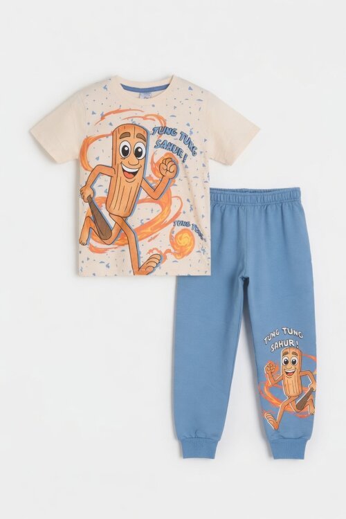Mavi Baskılı Bisiklet Yaka Tişörtlü Beli Lastikli Erkek Çocuk 2li Takım 23886