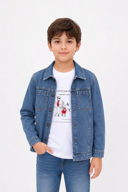 Mavi Baskılı Tişörtlü Erkek Çocuk Jean Gömlek Takımı  24162