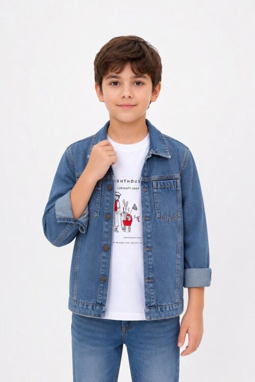 Mavi Baskılı Tişörtlü Erkek Çocuk Jean Gömlek Takımı  24162
