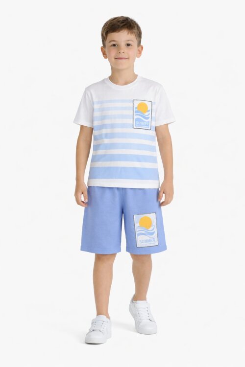 Mavi Çizgi Desenli Summer Baskı Erkek Çocuk Şortlu Tişörtlü Takım 23784
