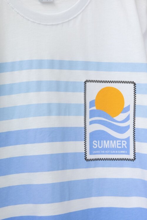 Mavi Çizgi Desenli Summer Baskı Erkek Çocuk Şortlu Tişörtlü Takım 23784