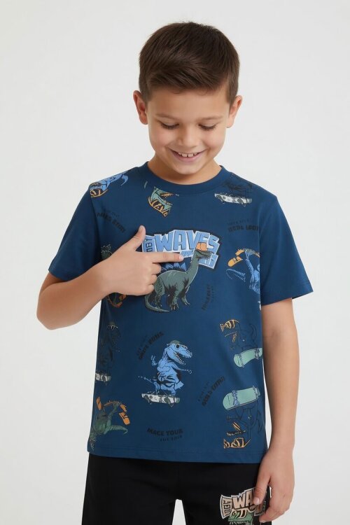 Mavi Dinozor Desenli Bisiklet Yaka Erkek Çocuk 2li Şortlu Takım 23924