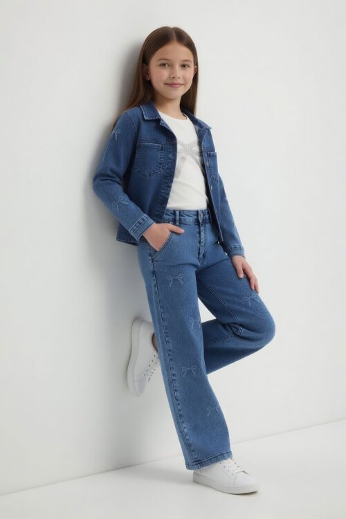 Mavi Fiyonk Desenli Jean Ceketli Pantolonlu Kız Çocuk Badili 3lü Takım 24131