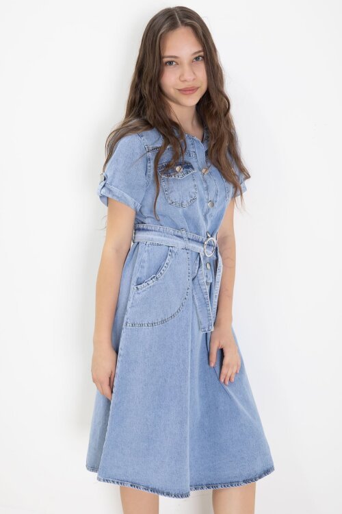 Mavi Gömlek Yaka Kısa Kollu Kız Çocuk Kuşaklı Kot Elbise 24020
