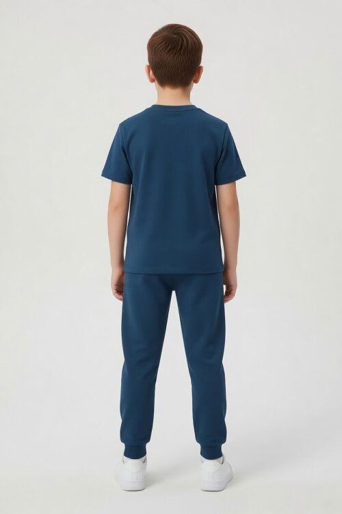 Mavi Karakter Baskılı Bisiklet Yaka Tişörtlü Erkek Çocuk Eşofmanlı Takım 23847