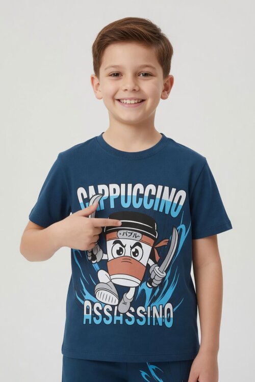 Mavi Karakter Baskılı Bisiklet Yaka Tişörtlü Erkek Çocuk Eşofmanlı Takım 23847