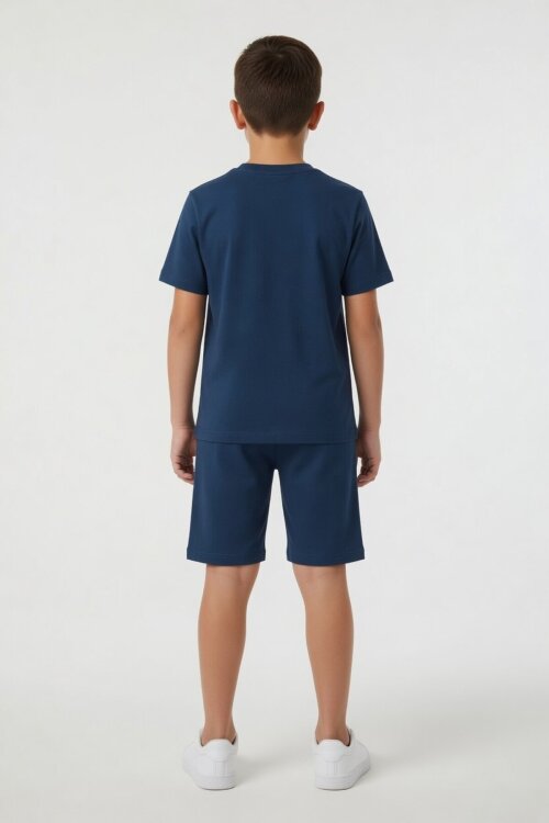 Mavi Karakter Baskılı Bisiklet Yaka Tişörtlü Erkek Çocuk Şortlu Takım 23842