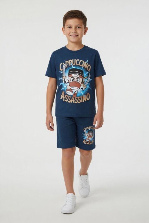 Mavi Karakter Baskılı Bisiklet Yaka Tişörtlü Erkek Çocuk Şortlu Takım 23842