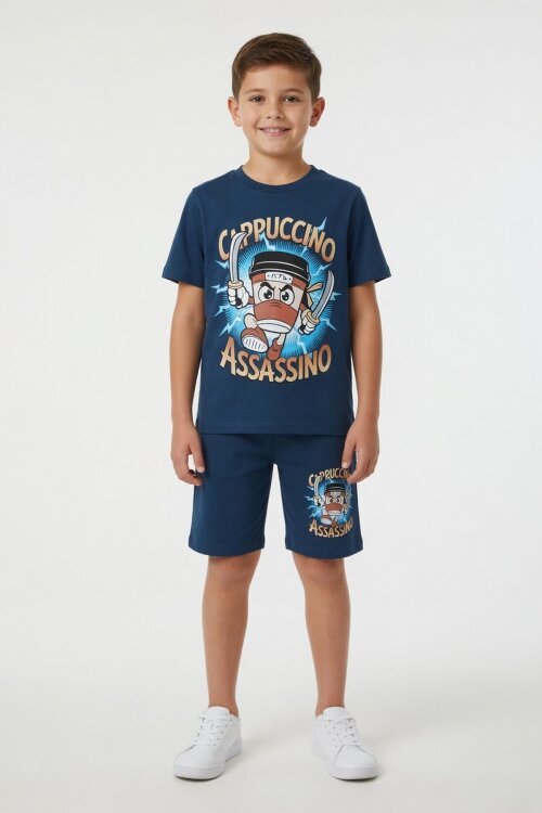 Mavi Karakter Baskılı Bisiklet Yaka Tişörtlü Erkek Çocuk Şortlu Takım 23842