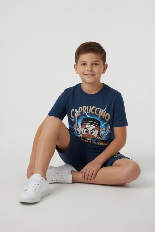 Mavi Karakter Baskılı Bisiklet Yaka Tişörtlü Erkek Çocuk Şortlu Takım 23842