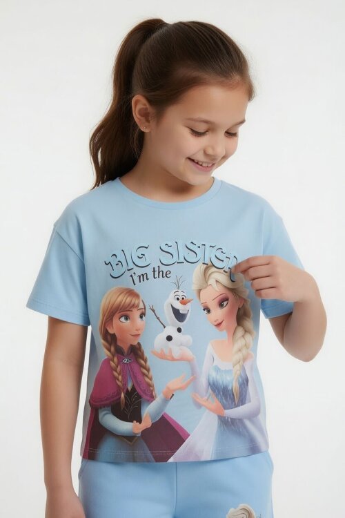 Mavi Karlar Kraliçesi Baskılı Kız Çocuk Tişörtlü Şortlu Takım  23950
