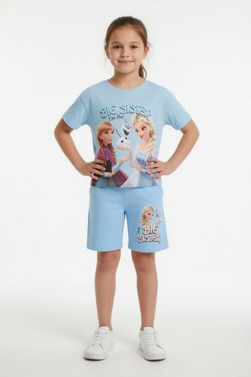Mavi Karlar Kraliçesi Baskılı Kız Çocuk Tişörtlü Şortlu Takım  23950