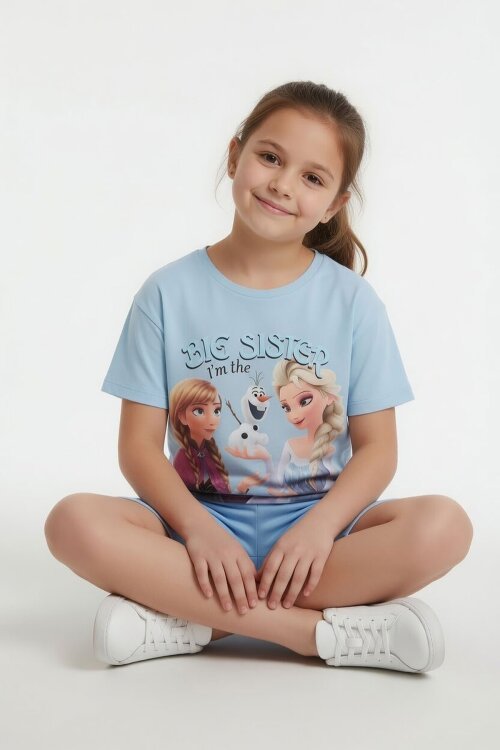 Mavi Karlar Kraliçesi Baskılı Kız Çocuk Tişörtlü Şortlu Takım  23950