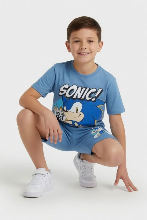 Mavi Kirpi Sonic Baskılı Erkek Çocuk Tişörtlü Şortlu 2li Takım 23975