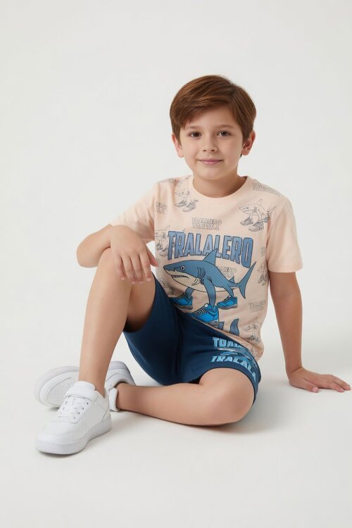 Mavi KöpekBalığı Baskılı Bisiklet Yaka Erkek Çocuk Şortlu Takım 23838