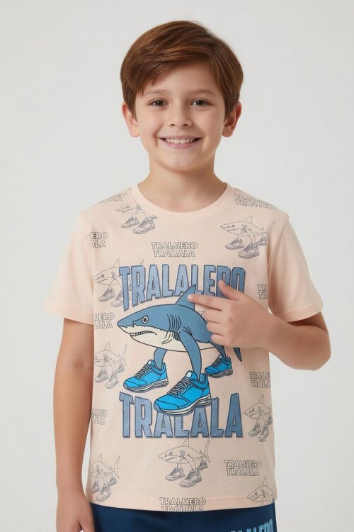 Mavi KöpekBalığı Baskılı Bisiklet Yaka Erkek Çocuk Şortlu Takım 23838