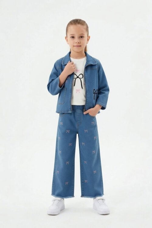 Mavi Nakışlı Fermuarlı Jean Ceketli Pantolonlu Kız Çocuk 3lü Takım 24141