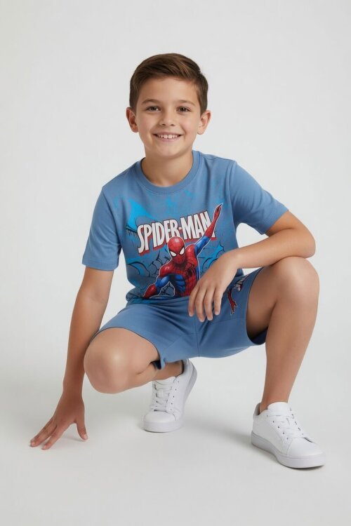 Mavi Örümcek Adam Baskılı Tişörtlü Erkek Çocuk Şortlu Takım  23942