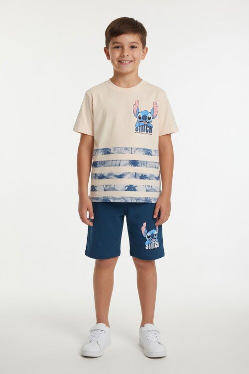 Mavi Palmiye Desenli Çizgili Tişörtlü Erkek Çocuk Şortlu 2li Takım 23931