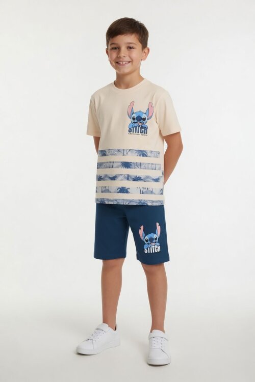 Mavi Palmiye Desenli Çizgili Tişörtlü Erkek Çocuk Şortlu 2li Takım 23931