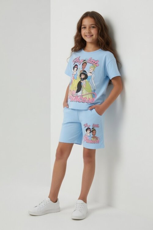 Mavi Prenses Temalı Tişörtlü Kız Çocuk Yazlık Şortlu Takım 23864