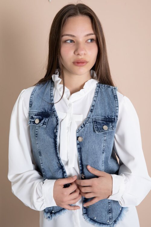 Mavi Püsküllü Jean Yelekli Fularlı Gömlekli Kız Çocuk 3lü Pantolonlu Takım 23767