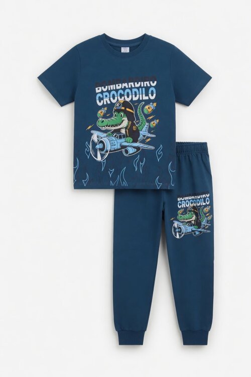 Mavi Timsah Baskılı Eşofmanlı Erkek Çocuk Tişörtlü 2li Takım  23915