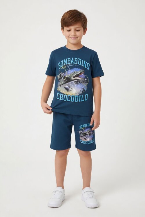 Mavi Uçak Baskılı Yazılı Tişörtlü Erkek Çocuk Şortlu 2li Takım 23922