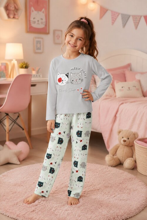 Meow Kedi Baskı Kız Çocuk Pijama Takımı 16333